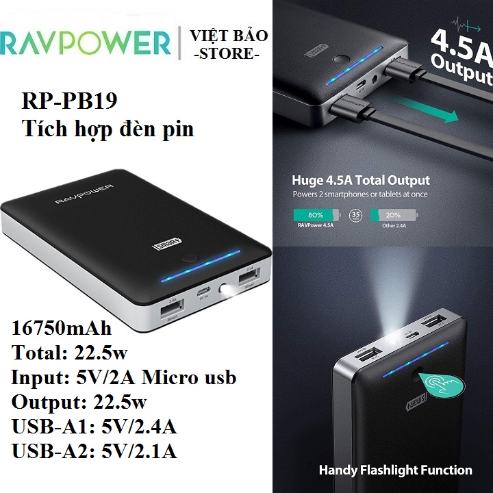 Pin Sạc Dự Phòng 2 Cổng RAVPower RP-PB19 16750mAh tích hợp đèn pin Flash