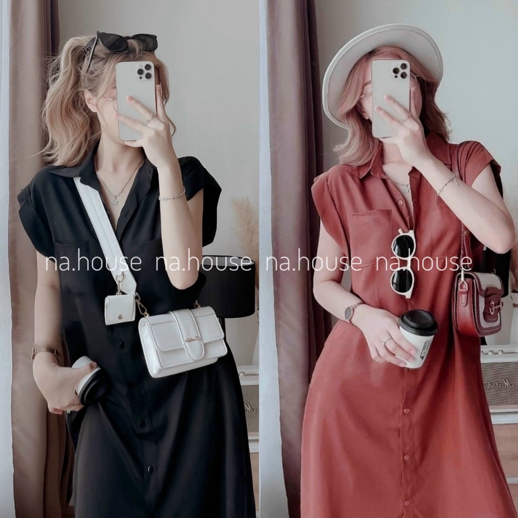 Đầm sơ mi cài nút dáng suông đi chơi dạo phố Nahouse váy form rộng thiết kế đẹp và sang trọng màu nude đen nâu đỏ