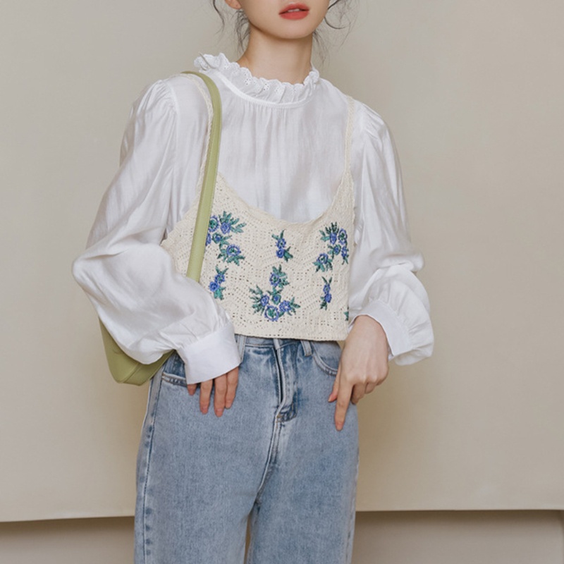 Áo Croptop Dệt Kim Không Tay Thêu Hoa Xinh Xắn Thời Trang Đi Biển Cho Bạn Gái