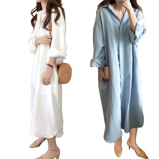 Đầm Sơ Mi Dáng Dài Form Rộng Chất Liệu Cotton Phong Cách Hàn Quốc