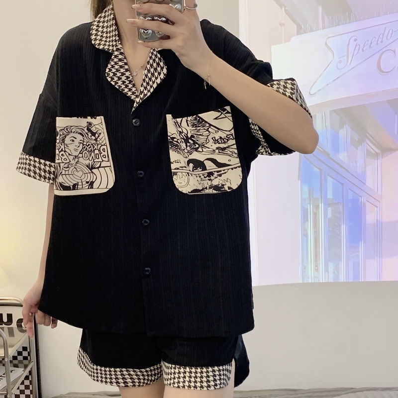 Bộ đồ ngủ ngắn tay in hoạt hình đáng yêu phong cách Hàn Quốc