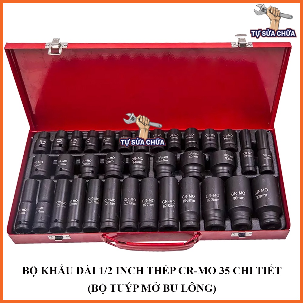 Bộ tuýp khẩu đen 1/2 inch thép CR-Mo 35 chi tiết đủ size kèm hộp sắt cao cấp