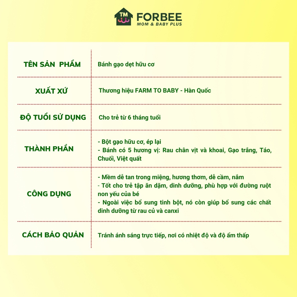 Bánh gạo DẸT hữu cơ Farm to Baby - Bổ sung canxi cho trẻ ăn dặm từ 6 tháng tuổi (20g/gói)- FORBEE