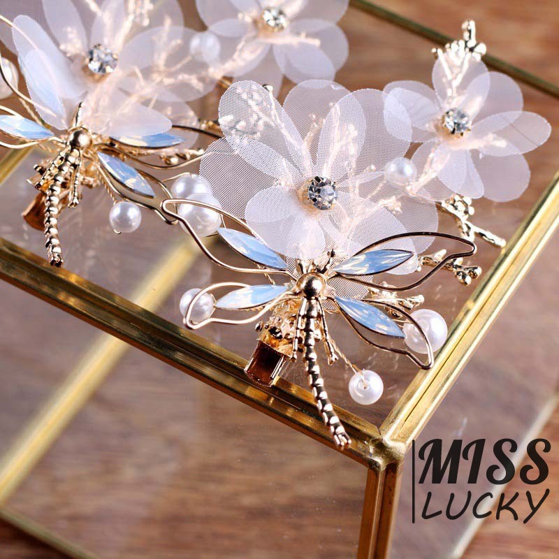 Set kẹp tóc hình chuồn chuồn đính hoa và ngọc trai độc đáo