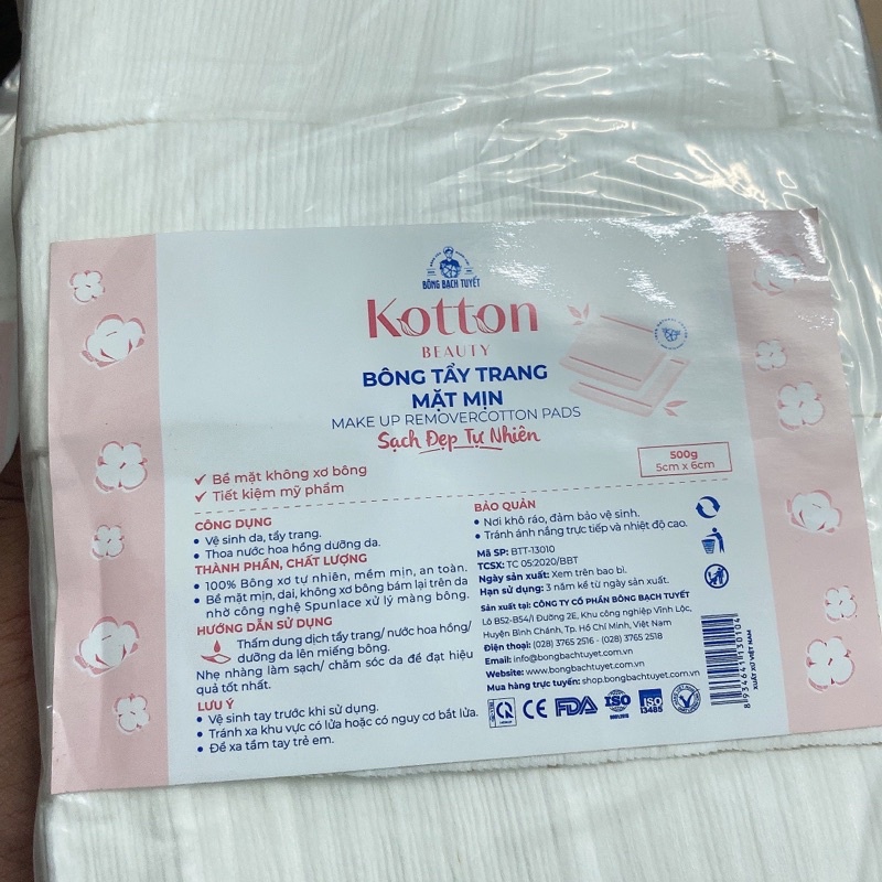 Bông Tẩy Trang Bề Mặt Mịn KOTTON BEAUTY gói 500gr chính hãng Bông Bạch Tuyết - Bông Tẩy Trang Cotton Bề Mặt Mịn