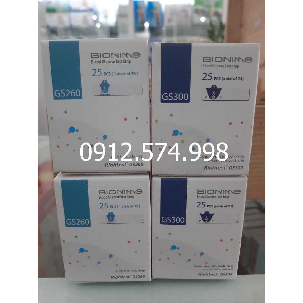 QUE THỬ ĐƯỜNG HUYẾT BIONIME GS300/GS260-tặng 25 kim lấy máu