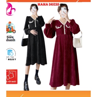 Váy bầu Nhung tăm lụa Đầm bầu thu đông công sở thiết kế đẹp sang trọng cho mẹ bầu đi làm dự tiệc V89