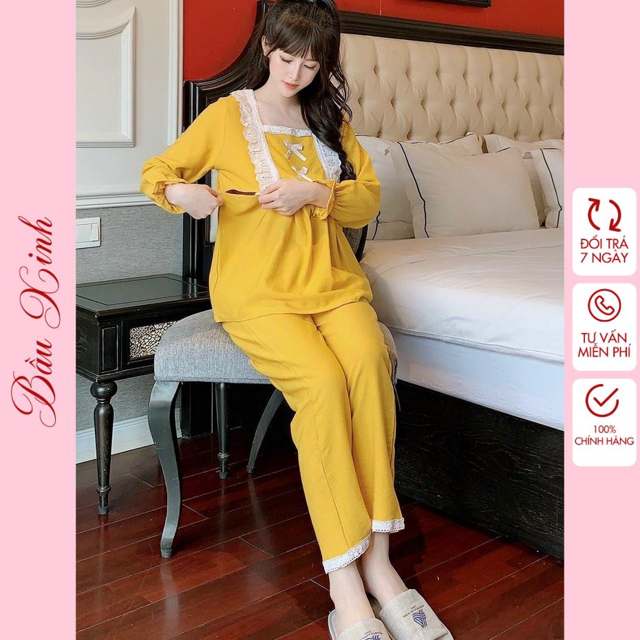 Đồ bộ bầu nữ mặc nhà quần dài tay dài cho con bú, bộ đồ bầu sau sinh thu đông cao cấp bigsize