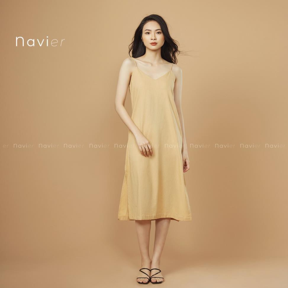 VÁY 2 DÂY DÀI SUÔNG XẺ TÀ HAI BÊN - ĐẦM HAI DÂY XUÔNG MAXI - LINEN CAMISOLE DRESS D01 NAVIER . * !