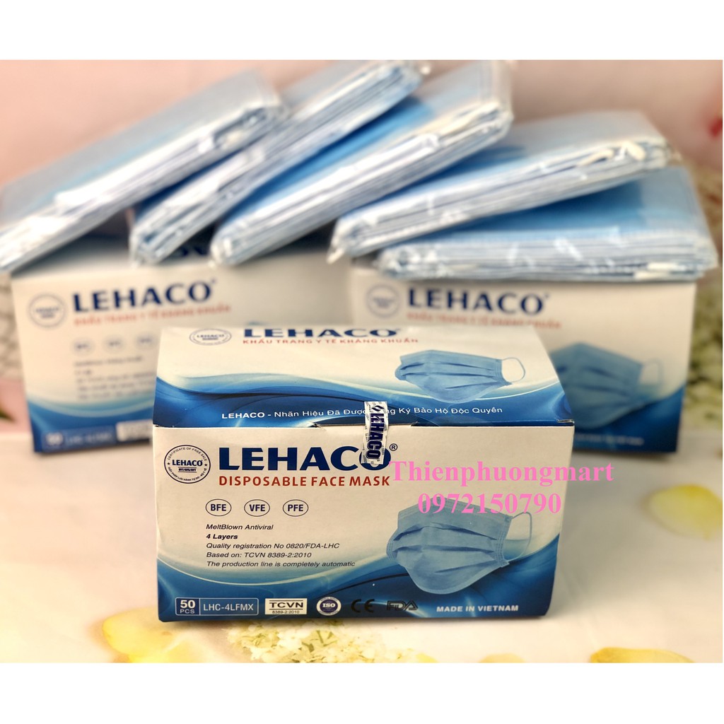 Khẩu trang Y tế Lehaco giấy kháng khuẩn Lehaco Màu Xanh 4 lớp 50 cái/ hộp