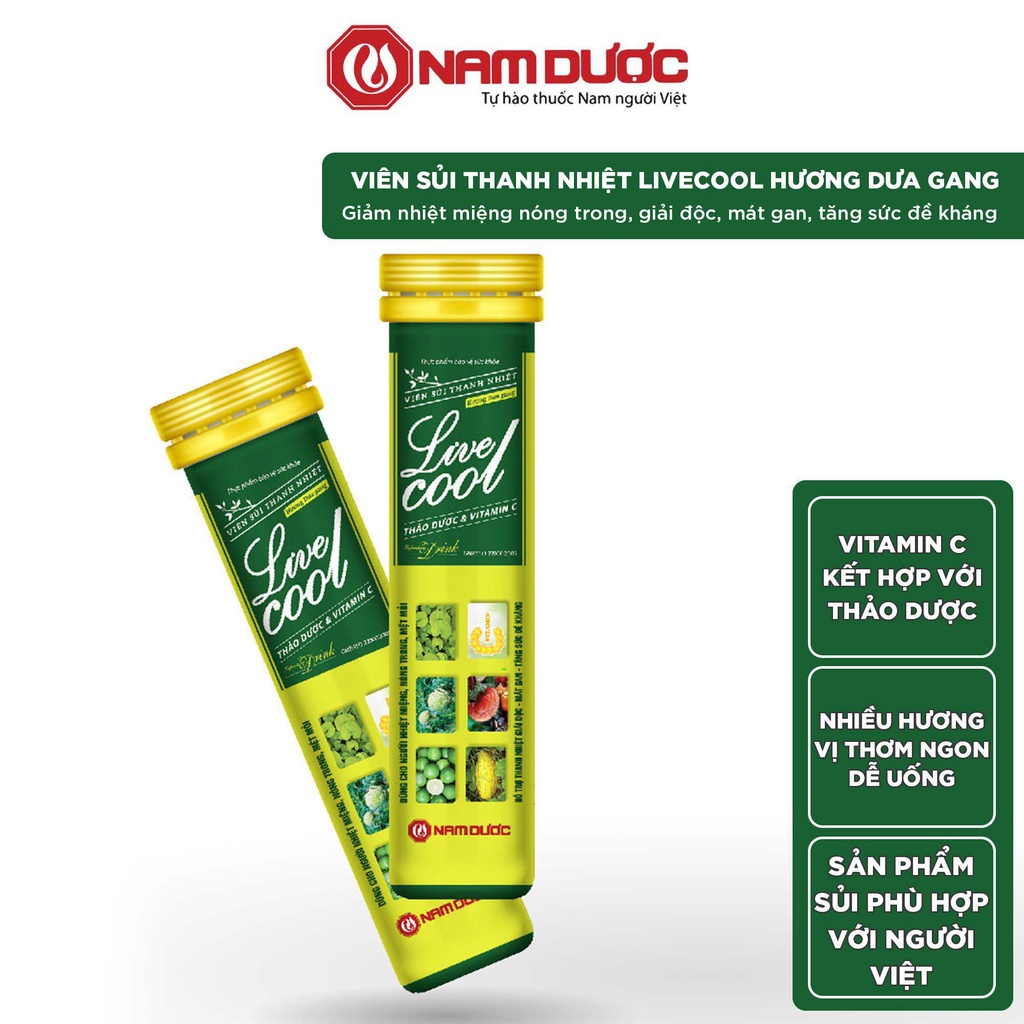 Viên sủi thanh nhiệt Livecool Nam Dược hương dưa gang 16 viên x4g hỗ trợ giảm nhiệt miệng nóng trong, giải độc, mát gan