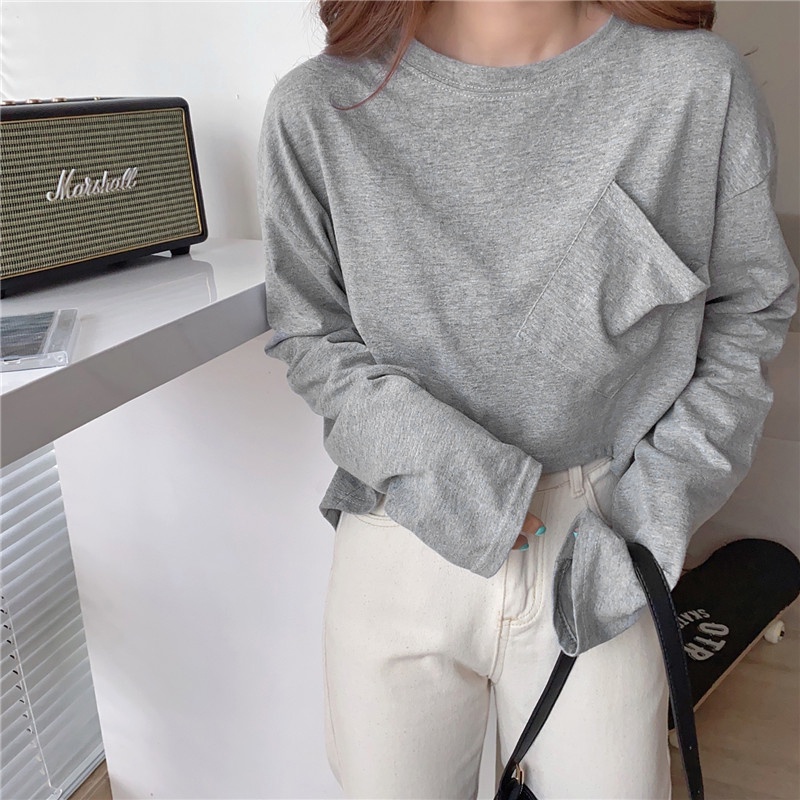 SUXI Áo Thun Tay Dài Cổ Tròn Màu Sắc Đơn Giản Dành Cho Nữ