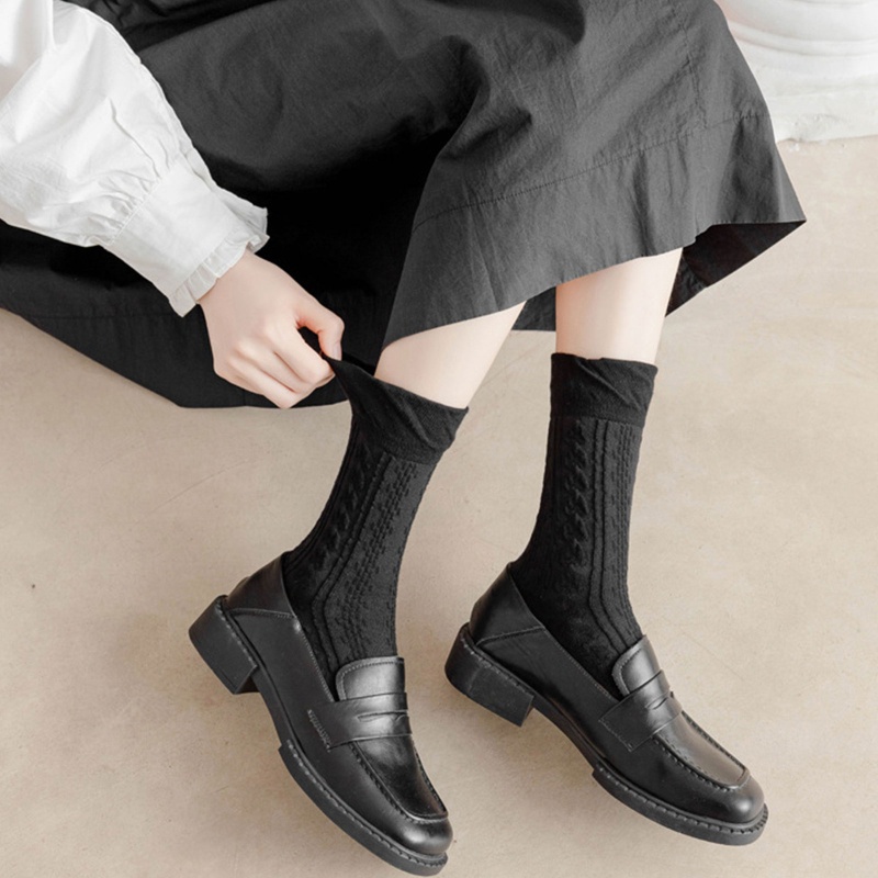Vớ cotton dệt kim viền xoắn họa tiết sọc màu trắng/ đen phong cách học đường cho nữ sinh