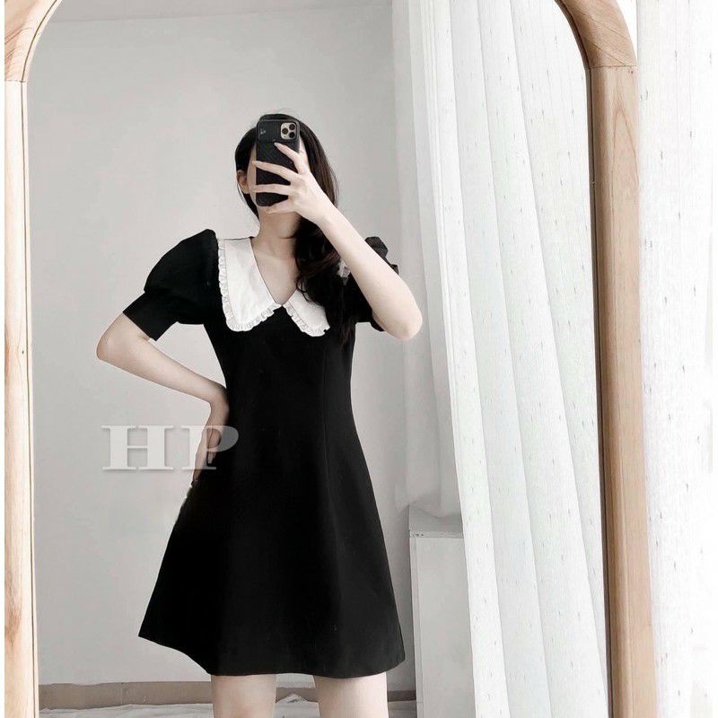 Váy cổ sen bèo tay bồng, Đầm nữ màu đen siêu đẹp