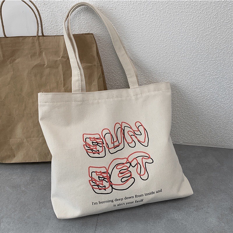Túi tote túi vải canvas mềm phong cách Hàn Quốc có khóa miệng ngăn phụ bên trong họa tiết chữ đơn giản đi chơi đẹp T1005