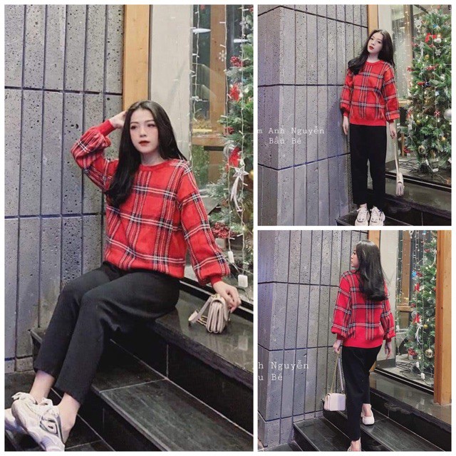 Bán sỉ Set bộ áo kẻ đỏ quần đen❌DA CÁ CHÉO ĐẸP❌ /Kho buôn H&H/