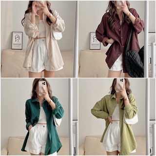 Áo sơ mi kiểu cổ bèo chất vải đũi gân sóng xinh xắn màu pastel form rộng chất mịn - Dolala