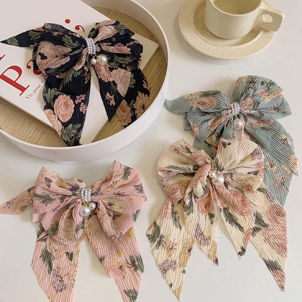 Summer Korean Floral Pearl Chiffon Bow Hairpin Cute Women's Sweet Temperament Spring Clip Hair Accessories