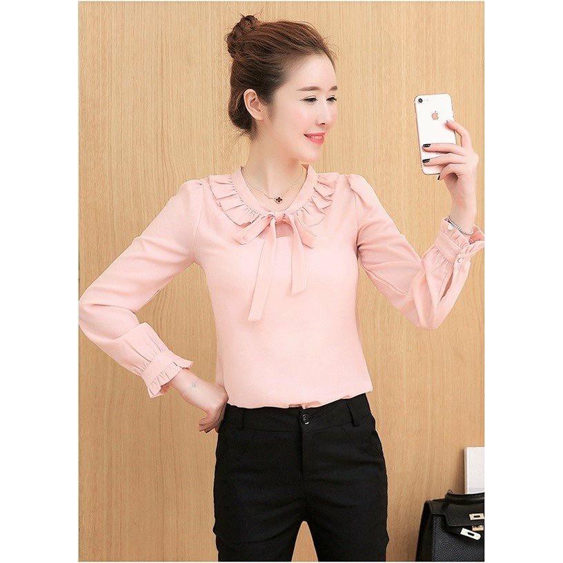 Áo công sở tay dai cổ xếp bèo cột nơ hồng dâu