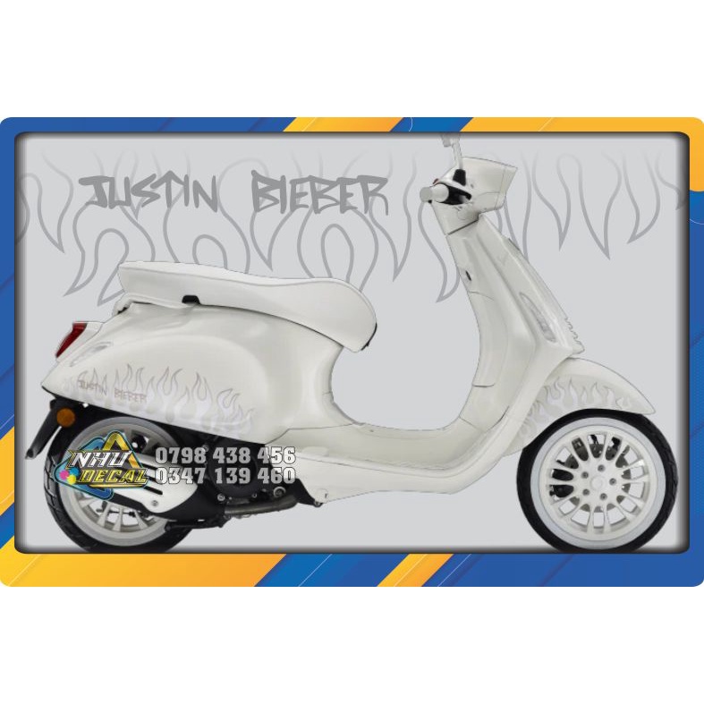 Tem rời Lửa  Justin Bieber xe Vespa 2014 xe trắng
