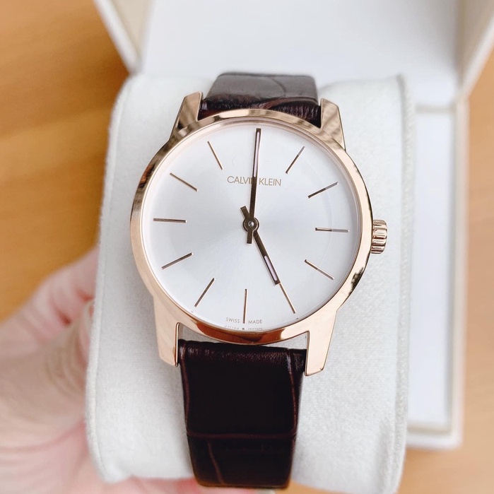 Đồng Hồ Nam Calvin Klein dây da nâu viền vàng mặt trắng