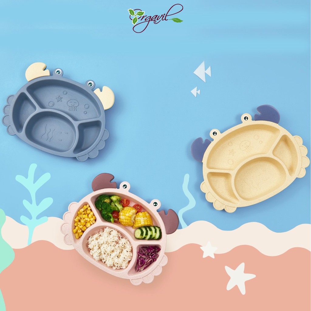 Bộ Khay Ăn Dặm Hình Cua 6 Chi Tiết khay,Bát,Cốc,Thìa,Đũa,Dĩa Cho Bé Chống Rơi Vỡ