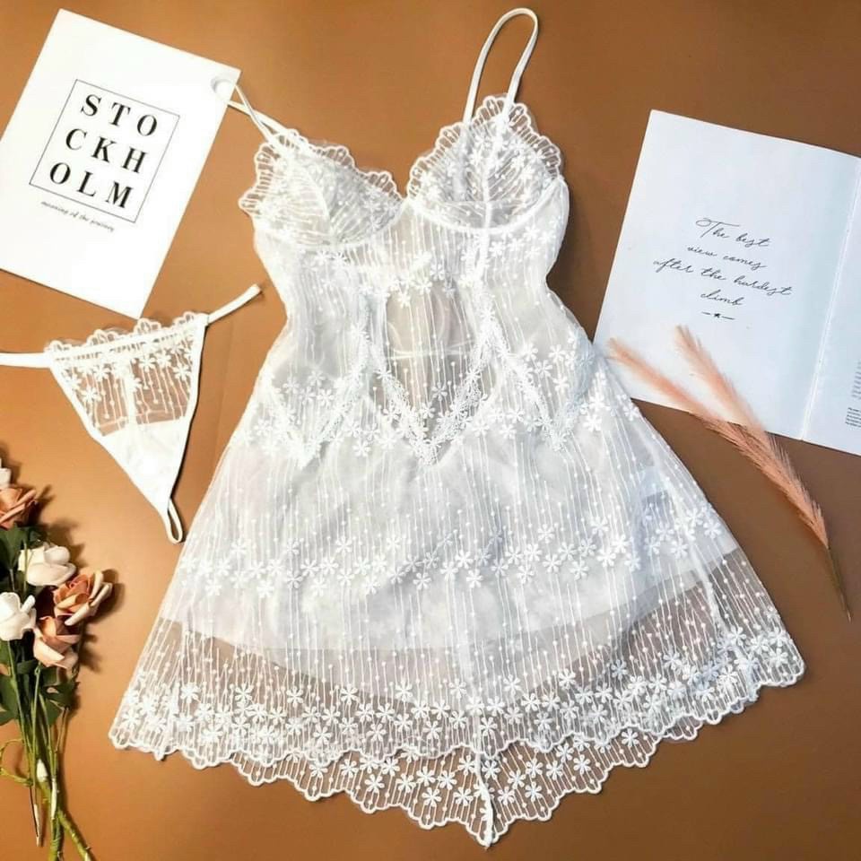 Sẵn sỉ tặng kèm chip_ Váy ngủ sexy ren thêu bông tuyết đan dây lưng, đầm ngủ ren cao cấp 2 lớp (ảnh thật) SP045