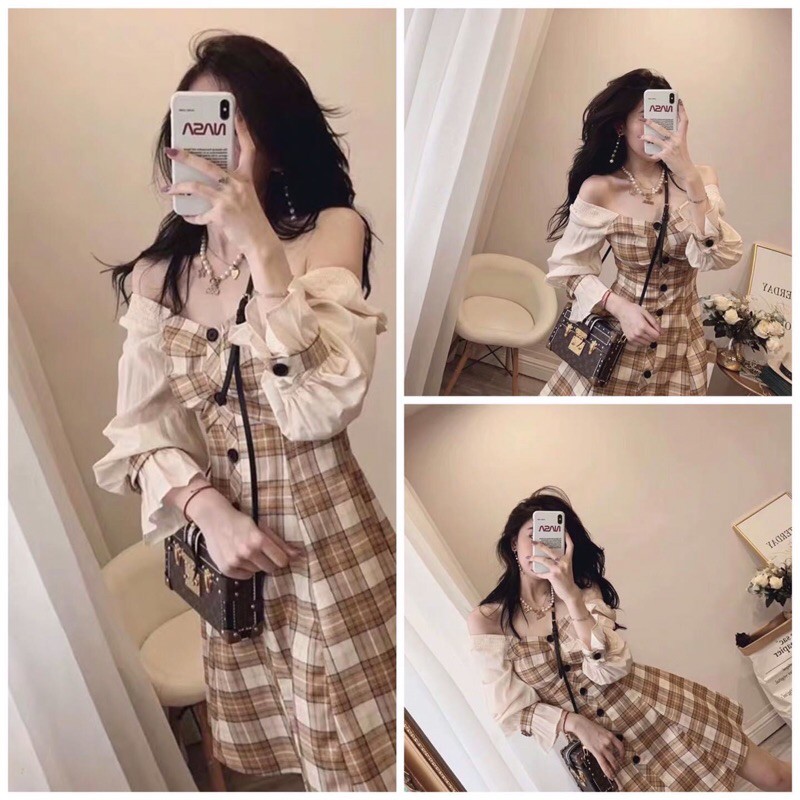 [ Mã FAMAYWA2 giảm 10K đơn 50K] Đầm tiểu thư trễ vai caro