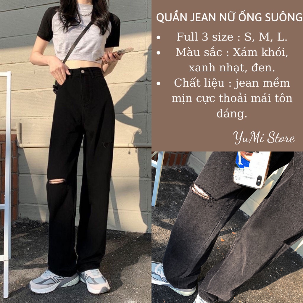 Quần jean nữ ống suông rộng cạp lưng cao đen rách gối unisex phong cách ulazang siêu chất YuMi official Store Mã 06 | WebRaoVat - webraovat.net.vn
