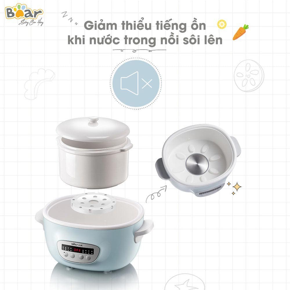 Nồi nấu cháo Bear DDZ-C25E1, dung tích 2.5L kèm lồng hấp (Hàng chính hãng 1 đổi 1 trong 30 ngày, bảo hành 12 tháng)