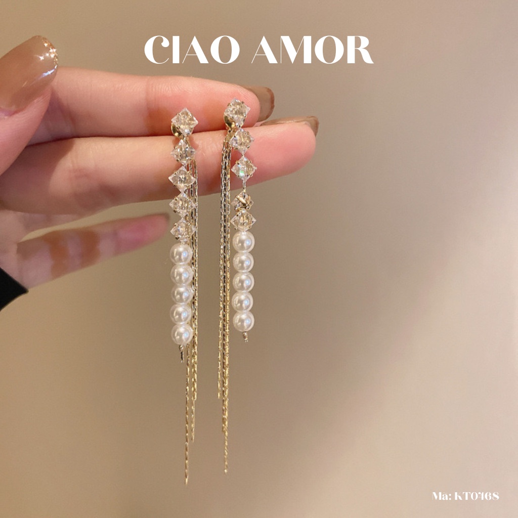 Khuyên tai nữ, Bông tai dài bạc 925 hai mảng dính ngọc bling dự tiệc sang trọng Trang sức Ciao Amor - KT0468