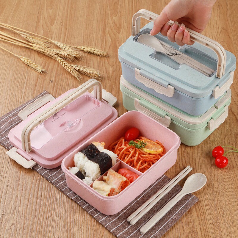 Hộp Cơm Văn Phòng Lúa Mạch Có Quai Sách Tặng Kèm Đũa , Thìa Inox, có nắp ngăn cách nhiệt , Tiện Dụng