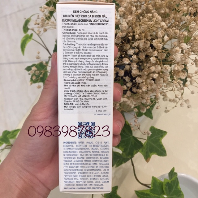 [CHÍNH HÃNG] Kem Chống Nắng Ducray Melascreen UV Cream SPF 50+ 40ml