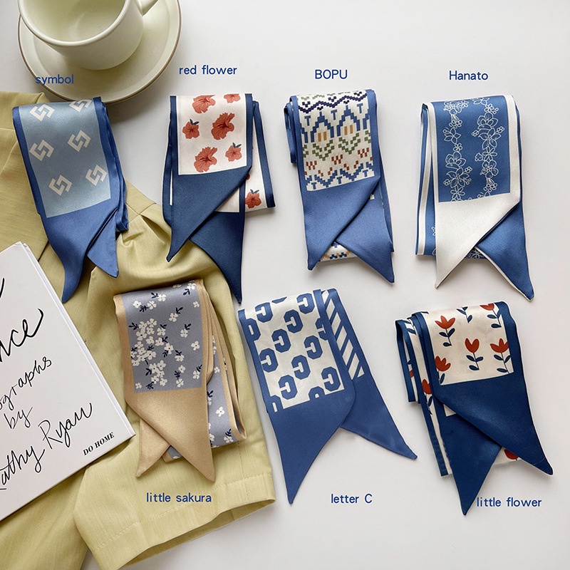 [Spring and summer new] blue style gentle daily matching small silk scarf women's hair band tie hair thin narrow ribbon tie bag spring and summer Korean style scarf