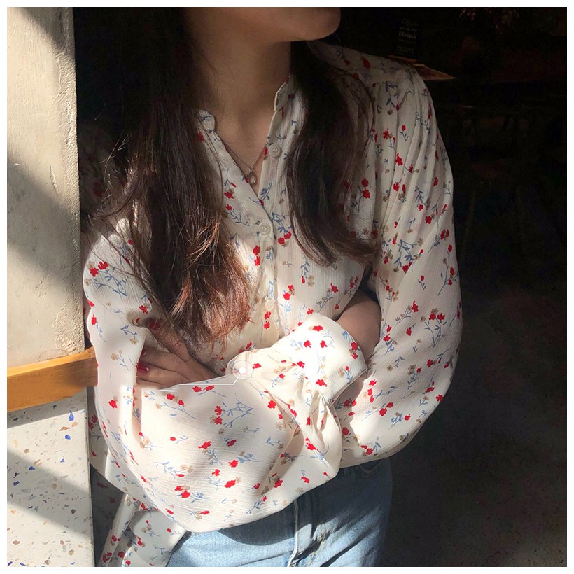 SUXI Áo chiffon nữ tay dài cổ chữ V phối hoạ tiết bông hoa