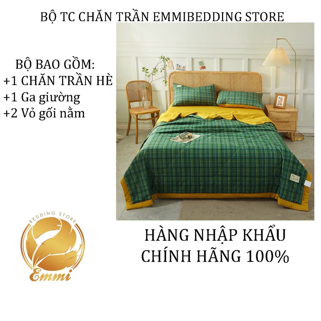 Bộ chăn ga gối cotton tici chăn trần EMMI Bedding mẫu kẻ xanh rêu  grap nệm thun lạnh Hàn Quốc Drap giường đệm đủ size