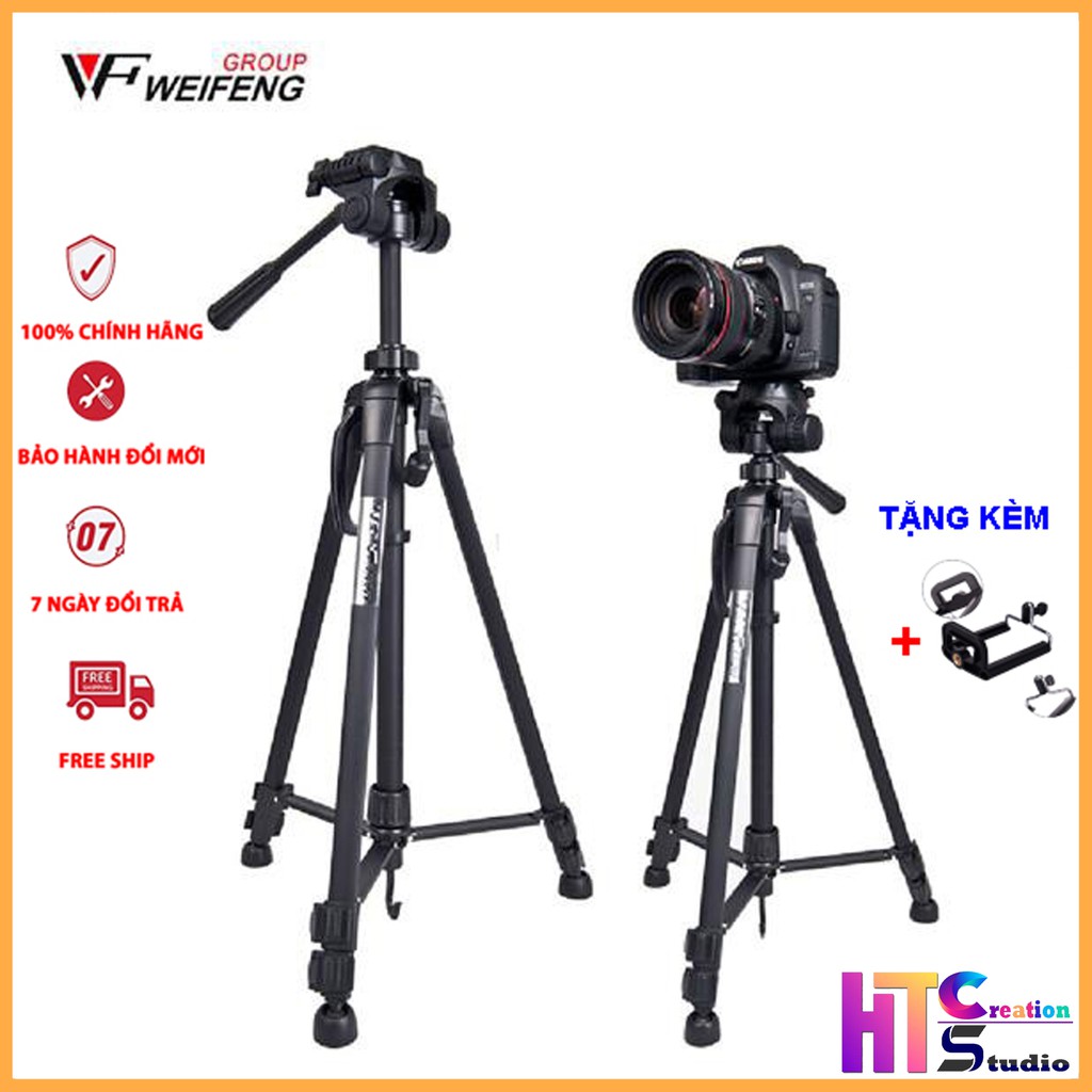 Tripod chân máy ảnh Weifeng WT-3520, khung nhôm cao cấp, cao 1.4m chịu tải 3kg, có túi đeo. Tặng kèm kẹp điện thoại