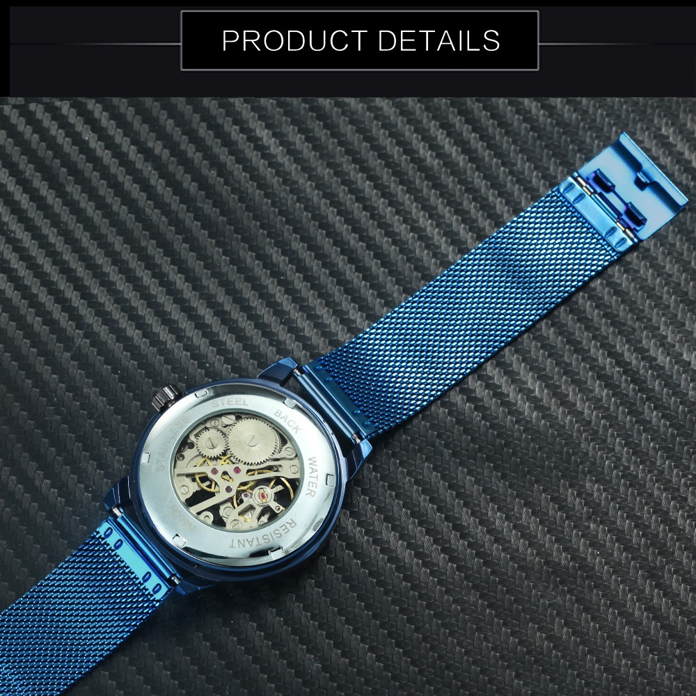 Đồng hồ cơ nam dây lưới siêu mỏng màu xanh