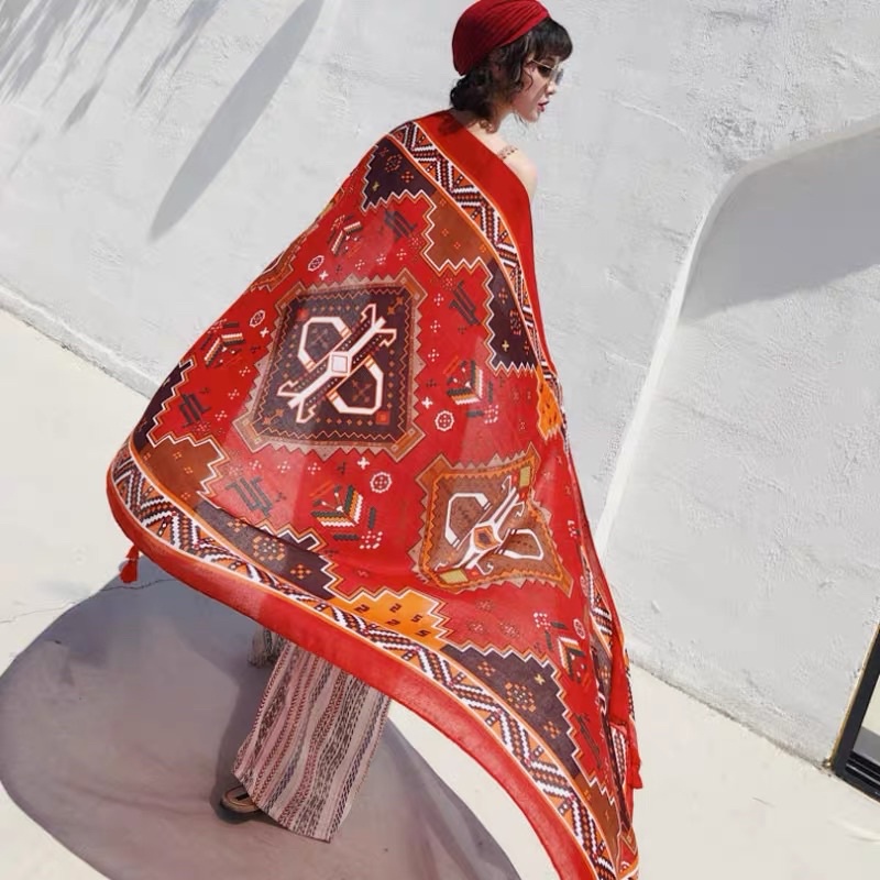 [HÀNG LOẠI 1] Khăn Boho Đi Biển Hoạ Tiết Thổ Cẩm Trên Nền Cam Nổi Bật