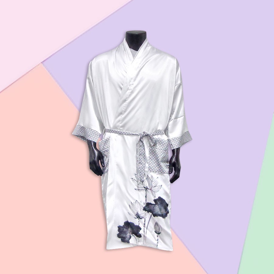 Áo Yukata Nhật Bản Reafive họa tiết Sen Trắng  nam, form dài