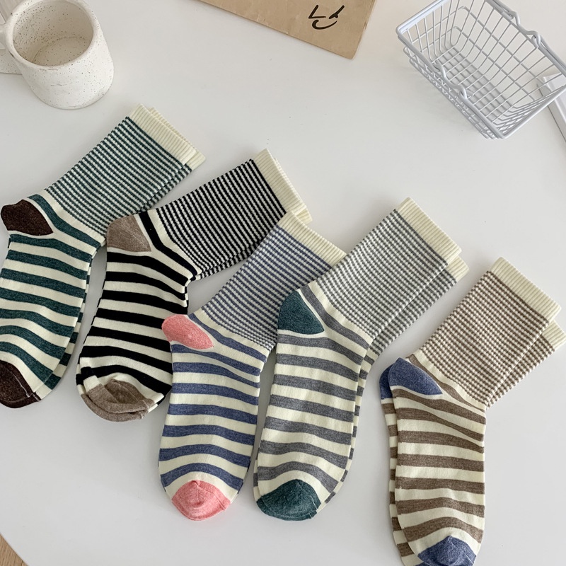 Vớ WAFNHA D380 vải cotton kẻ sọc phong cách Hàn Quốc cho nữ