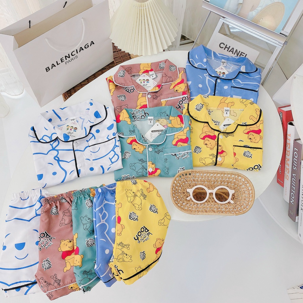 CT24 Bộ Pijama Cộc Tay Họa Tiết Gấu Cho Bé Chất Vải Kate Thái Mùa Hè Mát Mẻ Đủ Size Từ 8-20Kg VNXK Nhật-Hàn