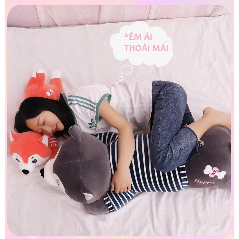 Gấu bông ,Chó bông husky áo kẻ happy vải co dãn 4 chiều tiêu chuẩn miniso