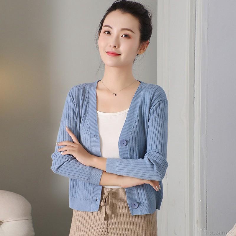 [Baywellfashion]Áo khoác cardigan màu trơn phối nút thiết kế cổ chữ V quyến rũ | BigBuy360 - bigbuy360.vn