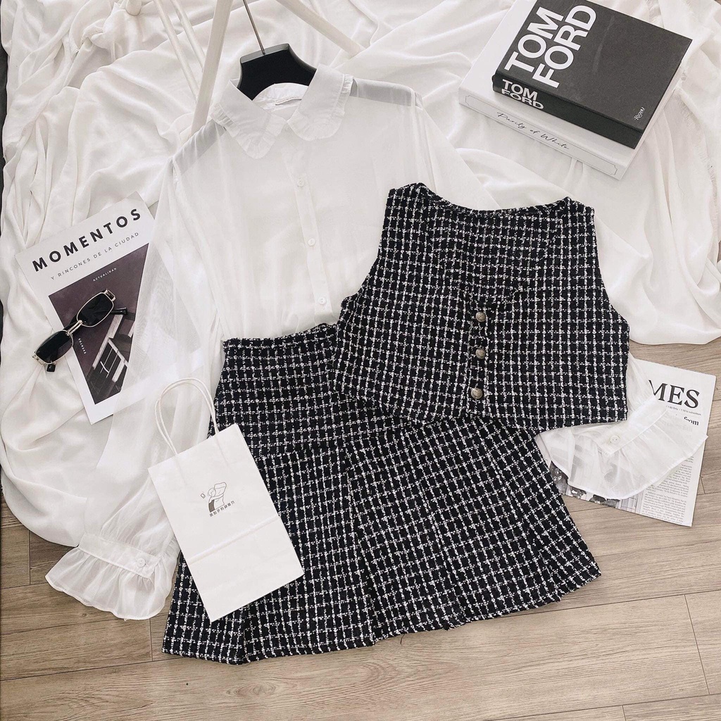 Set váy dạ Tweed tiểu thư nữ thu đông cao cấp hot LALLAMOTION 28 | BigBuy360 - bigbuy360.vn