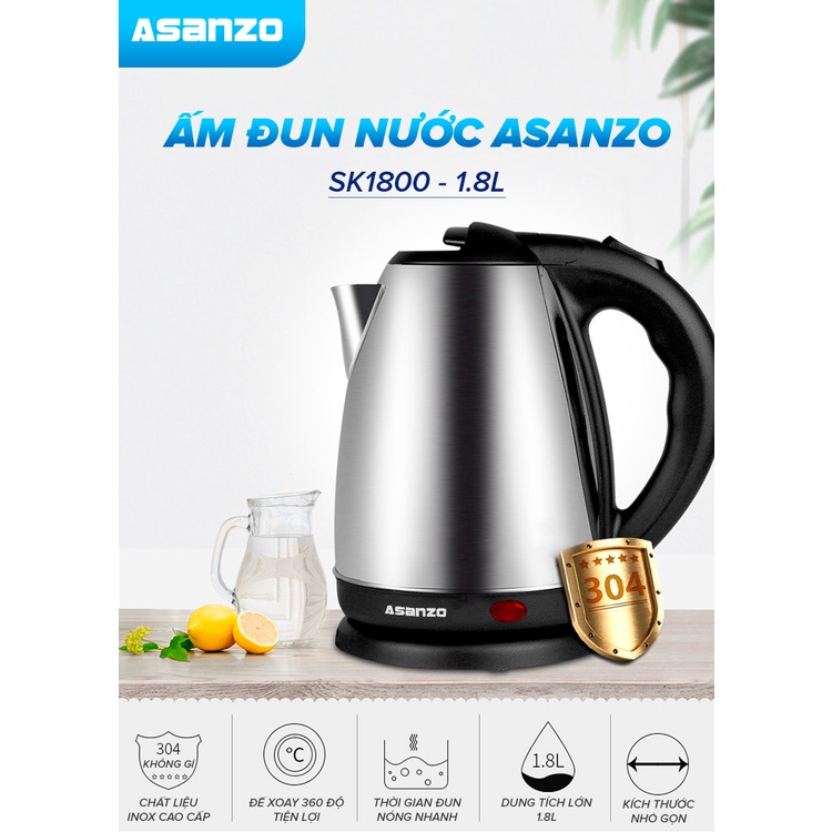 BÌNH ĐUN SIÊU TỐC 1.8L ASANZO SK-1800 (INOX) HÀNG CHÍNH HÃNG