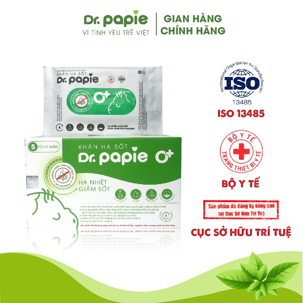 Hộp 25 Tờ Khăn Lau Hạ Sốt Dr Papie Cho Bé, Hạ Nhiệt Giảm Sốt Ngắn Ngừa Co Giật