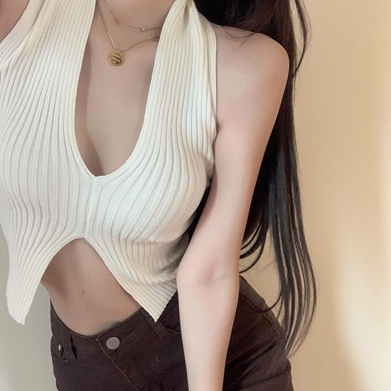 Áo croptop QKOOLE không tay cổ chữ V đơn giản phong cách Hàn Quốc thời trang cho nữ