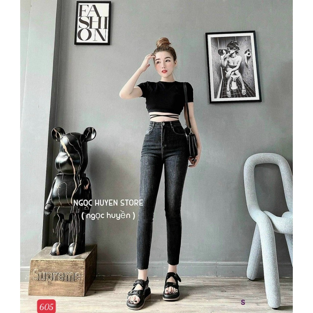 Quần jean nữ lưng cao chất jeans co dãn tốt, quần bò nữ cao cấp co dãn  KING168 JN1