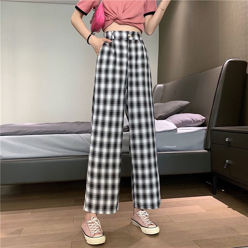 Spring and summer new plaid high waist drape loose and versatile straight-leg pants，cheap borong of Koreanfashion women's clothing readystock 210517